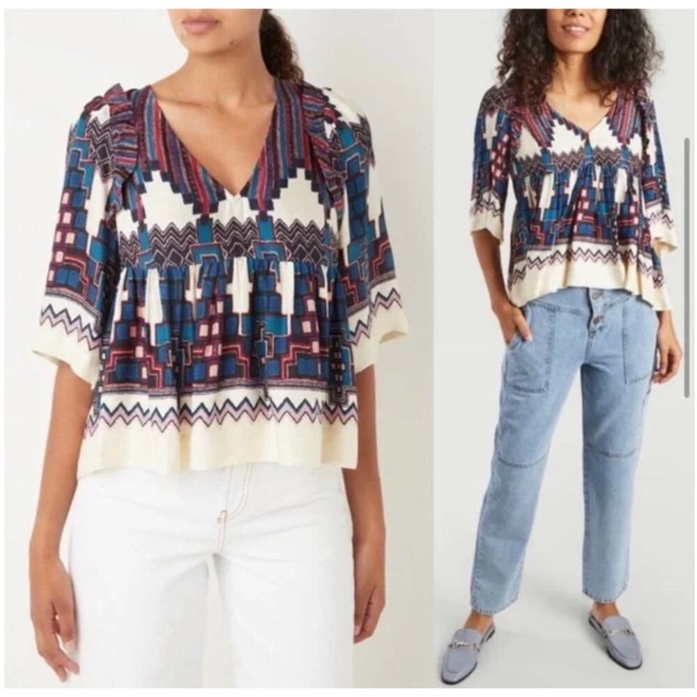 ba&sh Marry Top Blue Cream‎ Aztec Print Size 4 US NWT Paris Boho